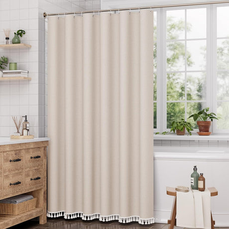 Farmhouse Faux Linen Shower Curtain with Tassels