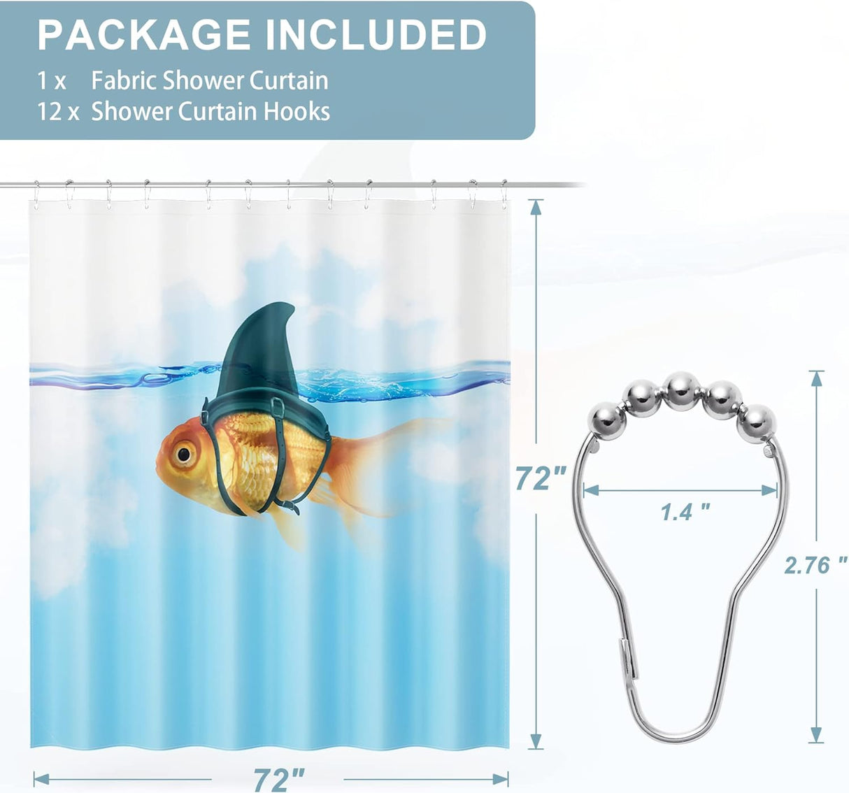 AmazerBath Funny “Shark” Fish Shower Curtain with 12 Curtain Rings