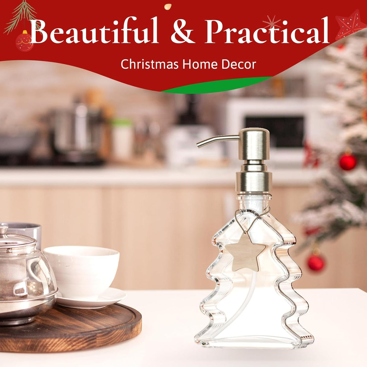 AmazerBath Christmas Tree Glass Soap Dispenser, Xmas Decor