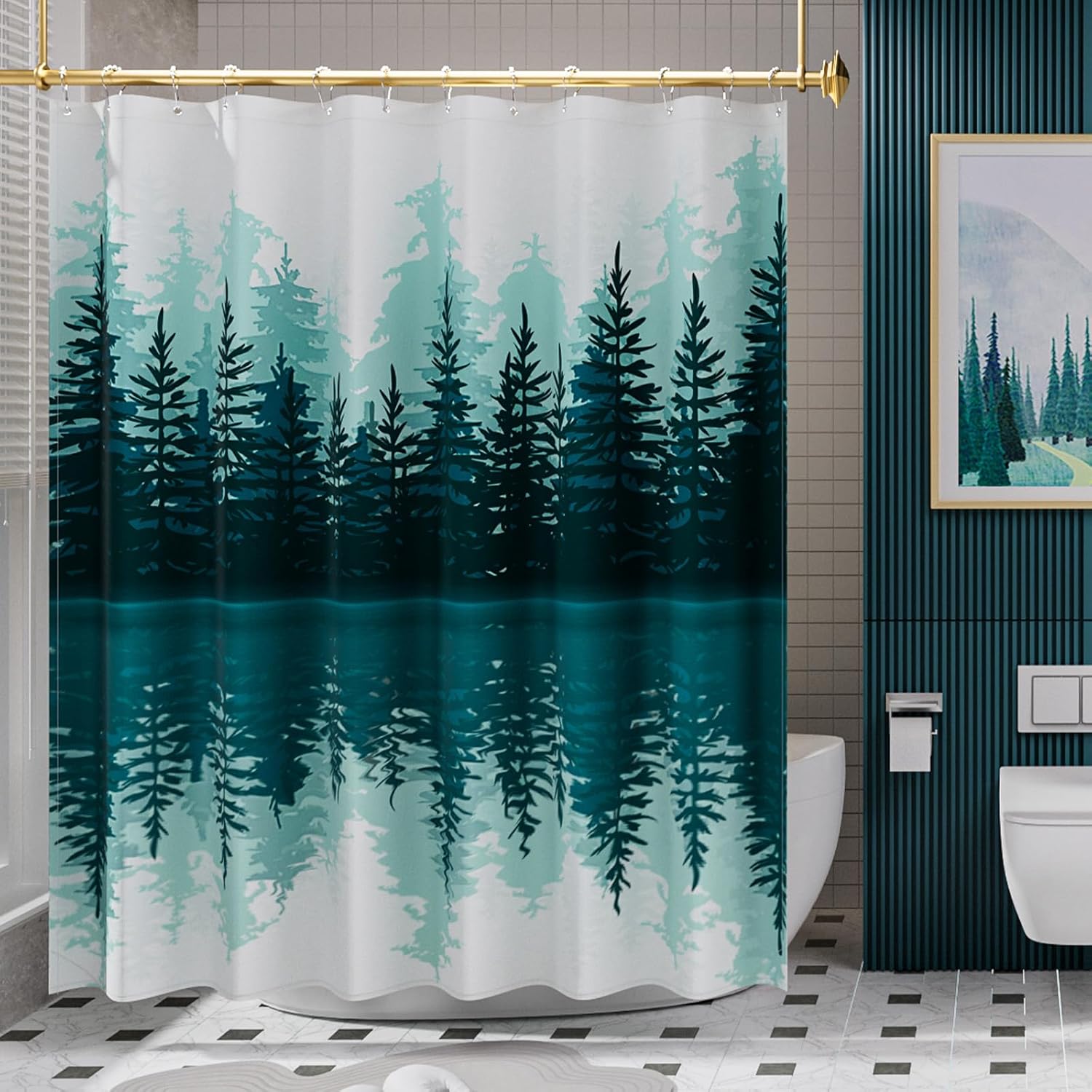 AmazerBath Forest Shower Curtain with 12 Shower Curtain Rings