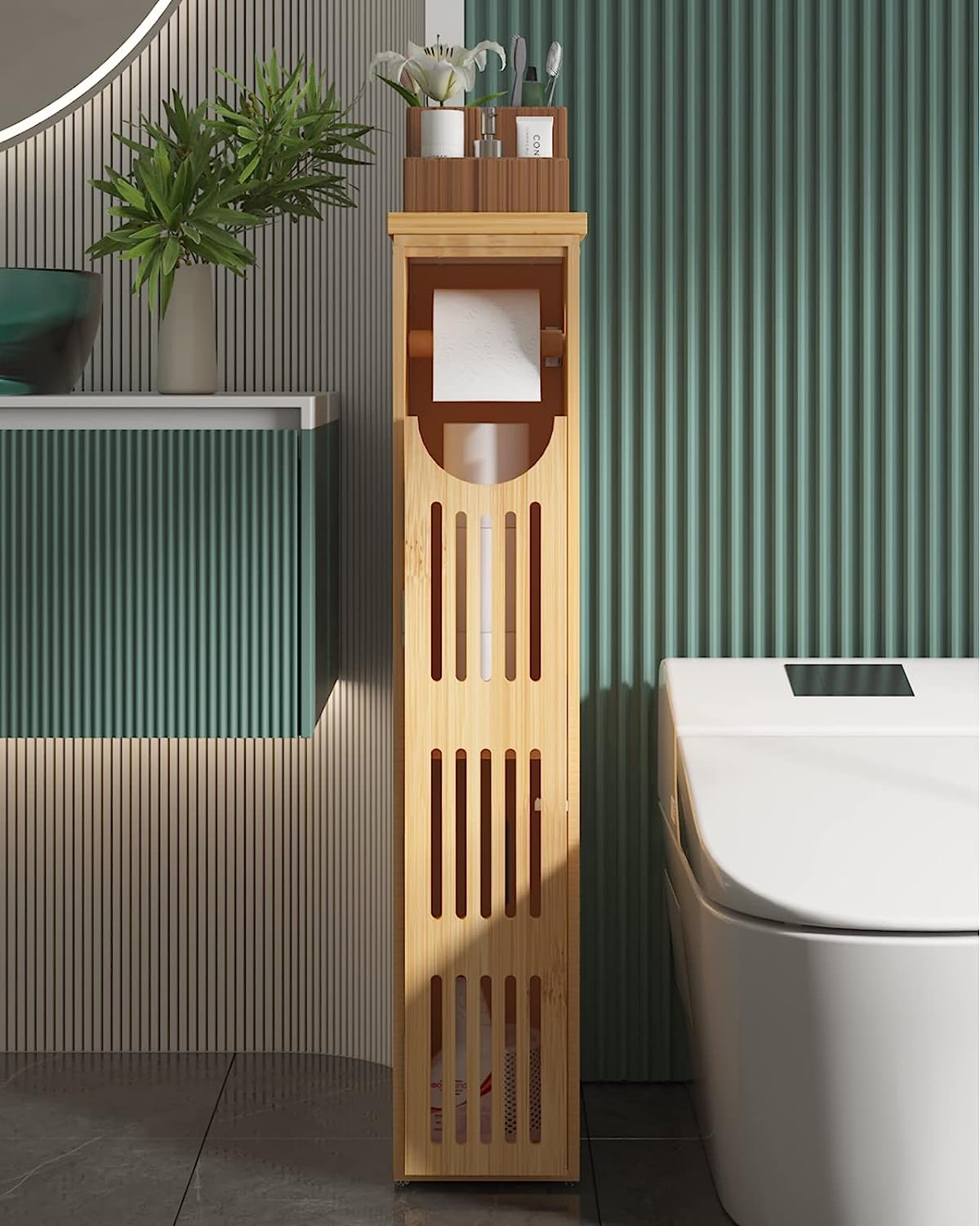 AmazerBath Bamboo Toilet Paper Storage Cabinet for Small Spaces