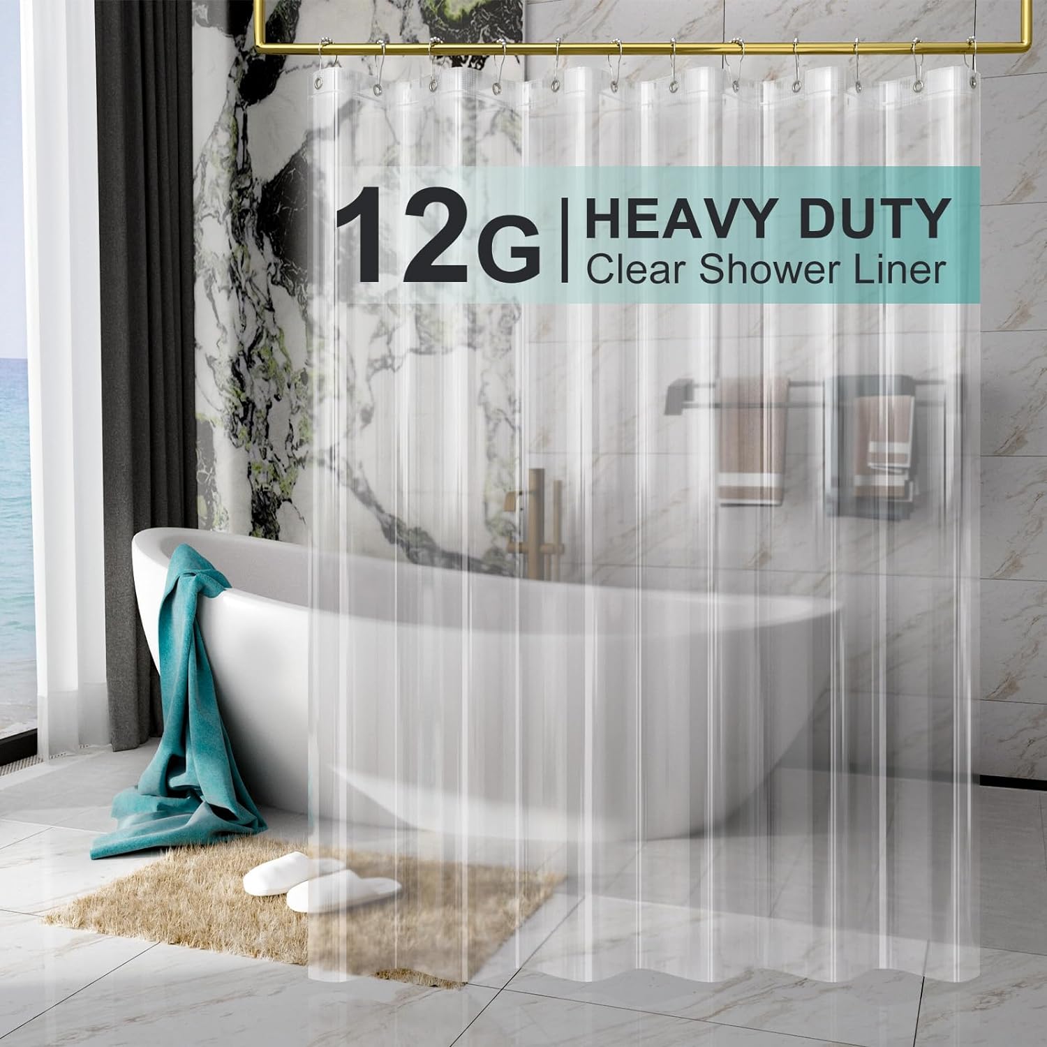 AmazerBath Heavy Duty Shower Curtain Liner 12 Gauge with 3 Clear Stones and 12 Grommet Holes