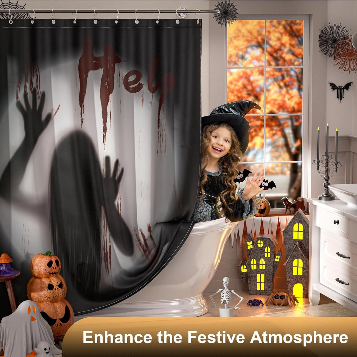 AmazerBath Halloween Shower Curtain with Rings, Shadow