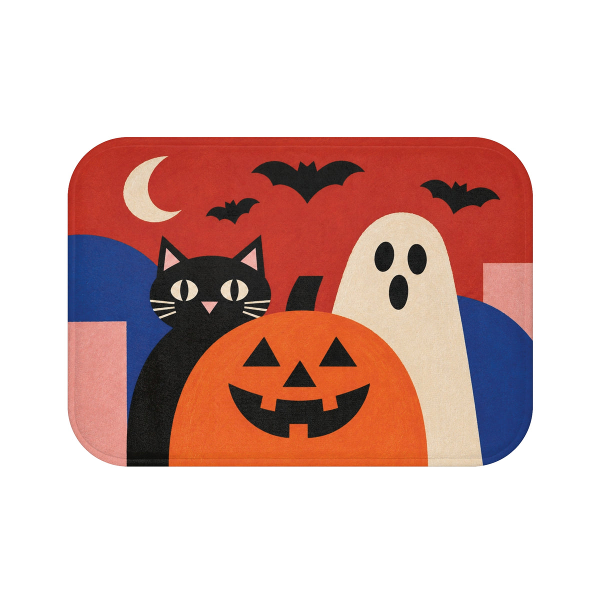 AmazerBath Halloween bath mat with retro black cat, white ghost, and pumpkin shown flat on white with softly rounded corners.