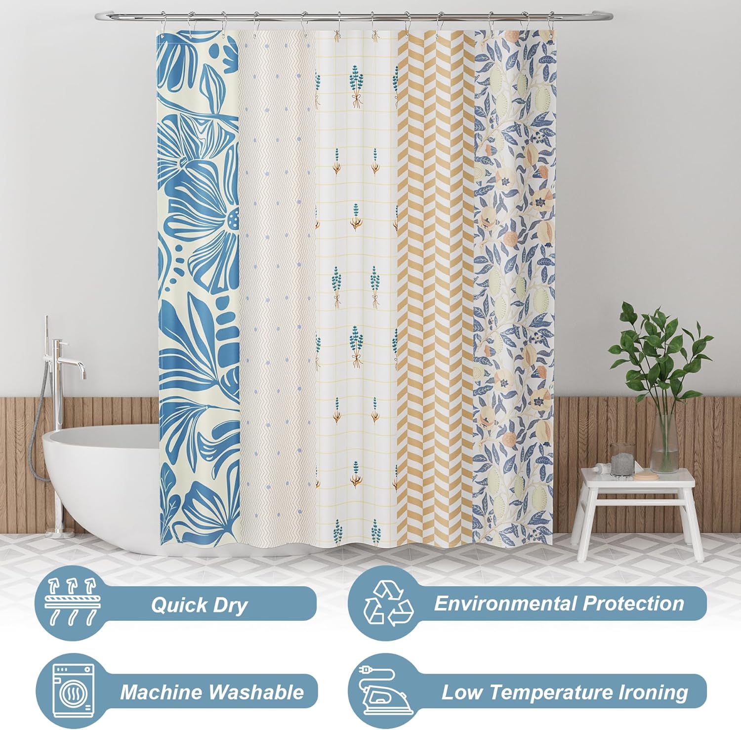 AmazerBath Blossom Serenity Shower Curtain with 12 Curtain Rings
