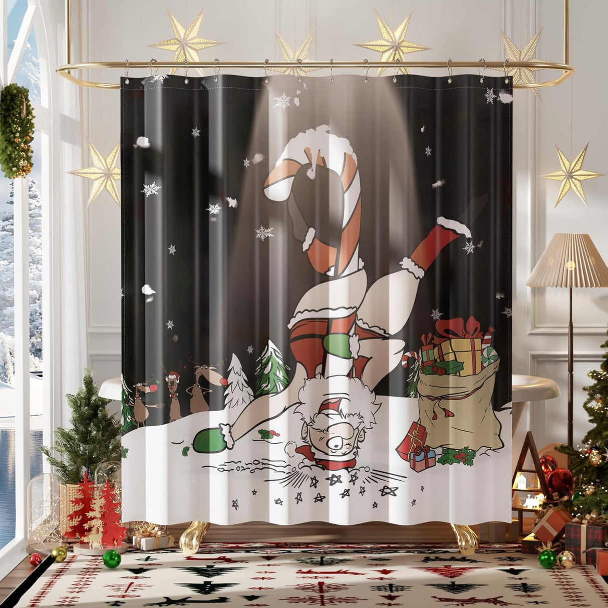 AmazerBath Christmas Shower Curtain with Rings, Santa