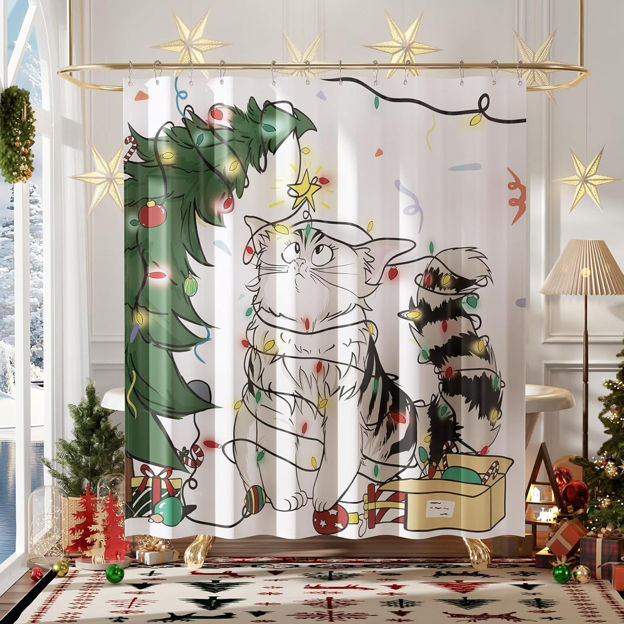 AmazerBath Christmas Shower Curtain with Rings, Cute Cat