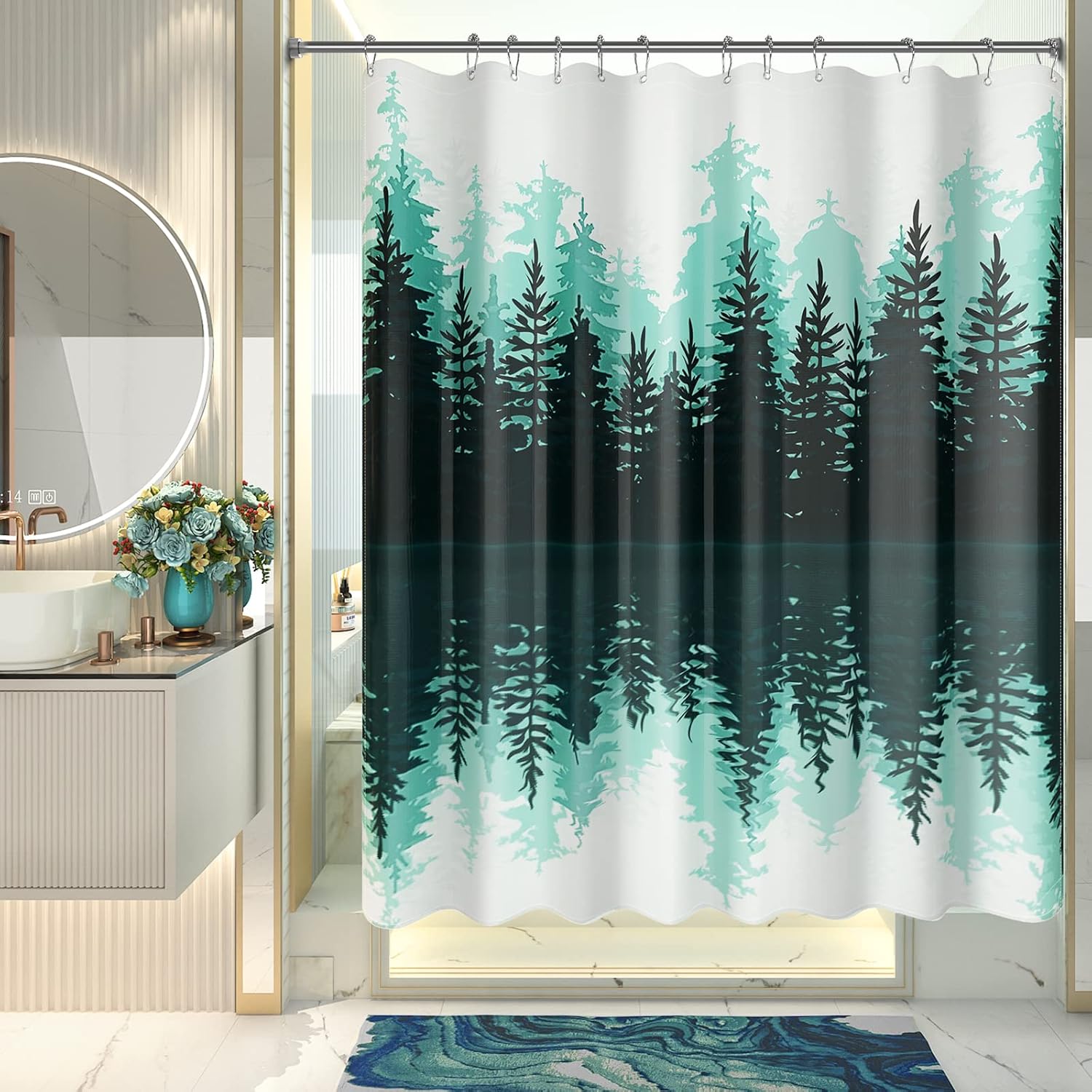 AmazerBath Forest Shower Curtain with 12 Shower Curtain Rings