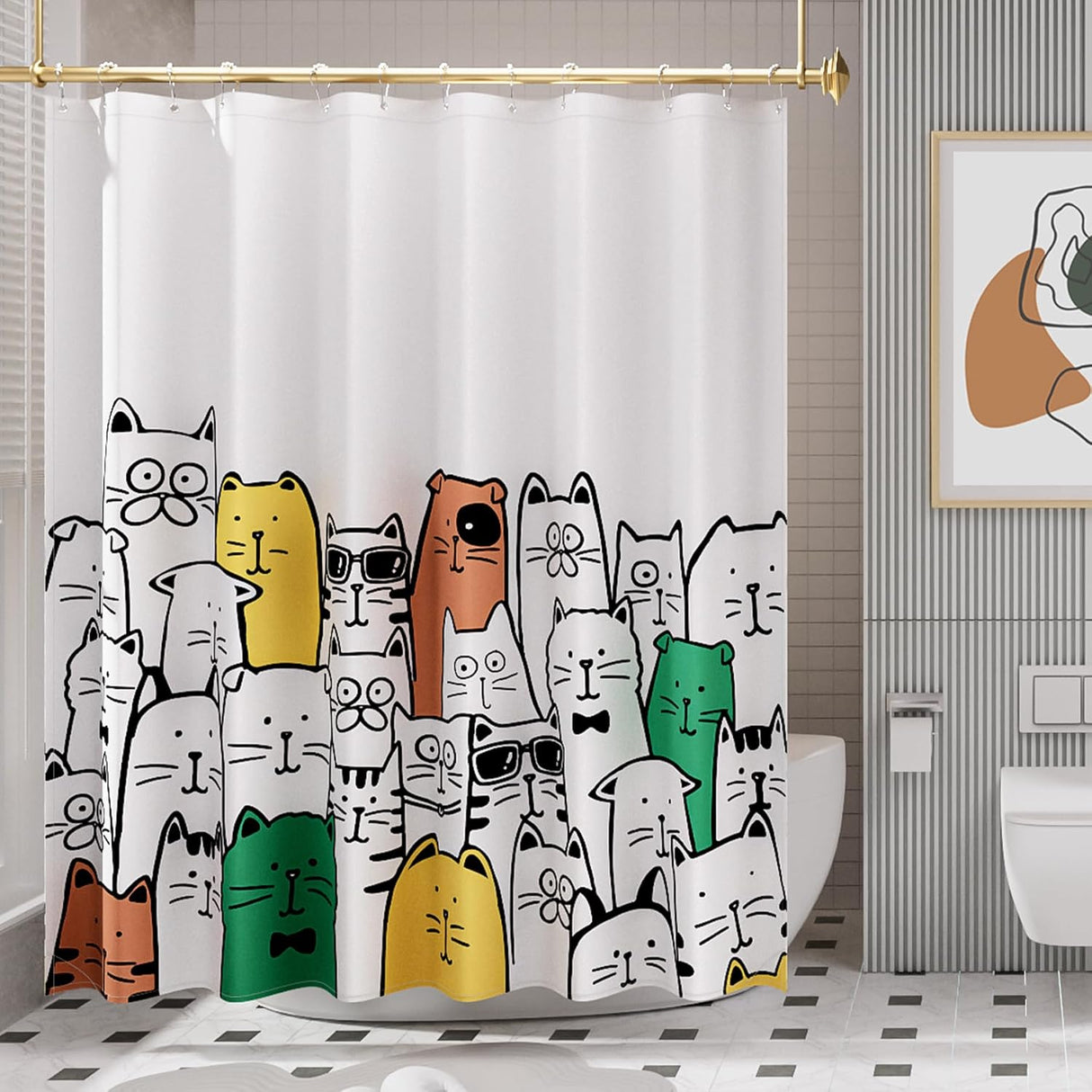 AmazerBath Cutie Kitty Shower Curtain with 12 Curtain Rings