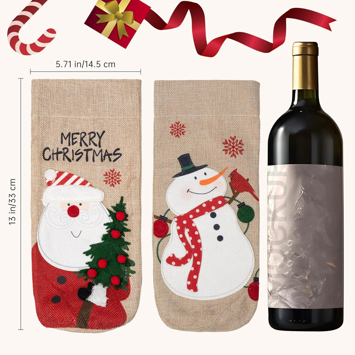 Amazer 3D Christmas Wine Bottle Gift Bags, Reusable Burlap