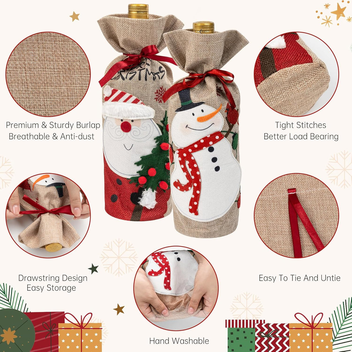 Amazer 3D Christmas Wine Bottle Gift Bags, Reusable Burlap