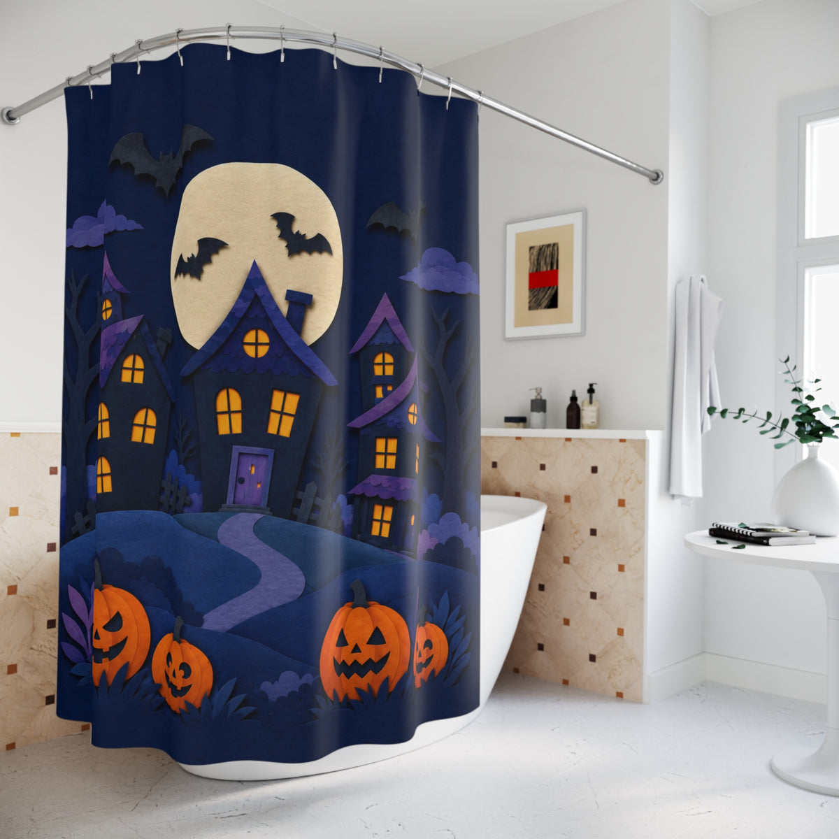 Moonlit Haunted Village Halloween Shower Curtain