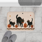 Black Cat Halloween Bath Mat – Retro Pumpkins & Stars