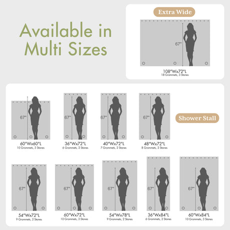 Size chart graphic showing multiple rectangular shower stall width options.