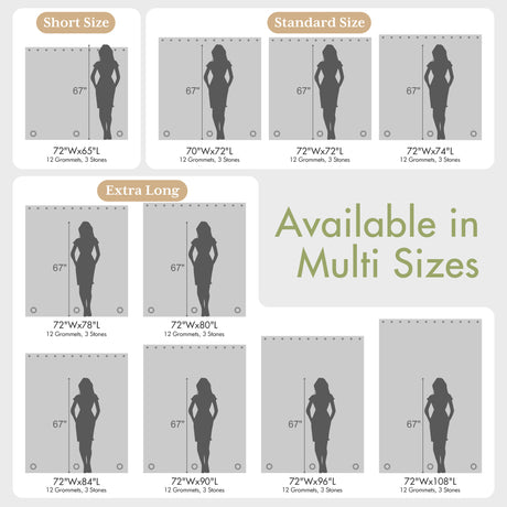 Size chart graphic showing multiple width and height options for apparel sizes Short Size, Standard Size, and Extra Long, with a silhouette figure