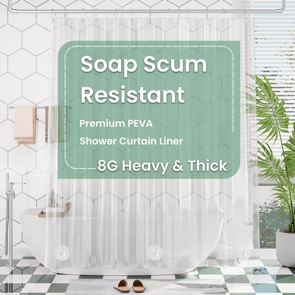 Heavy duty shower curtain liner in a bathroom setting with a bathtub and window.