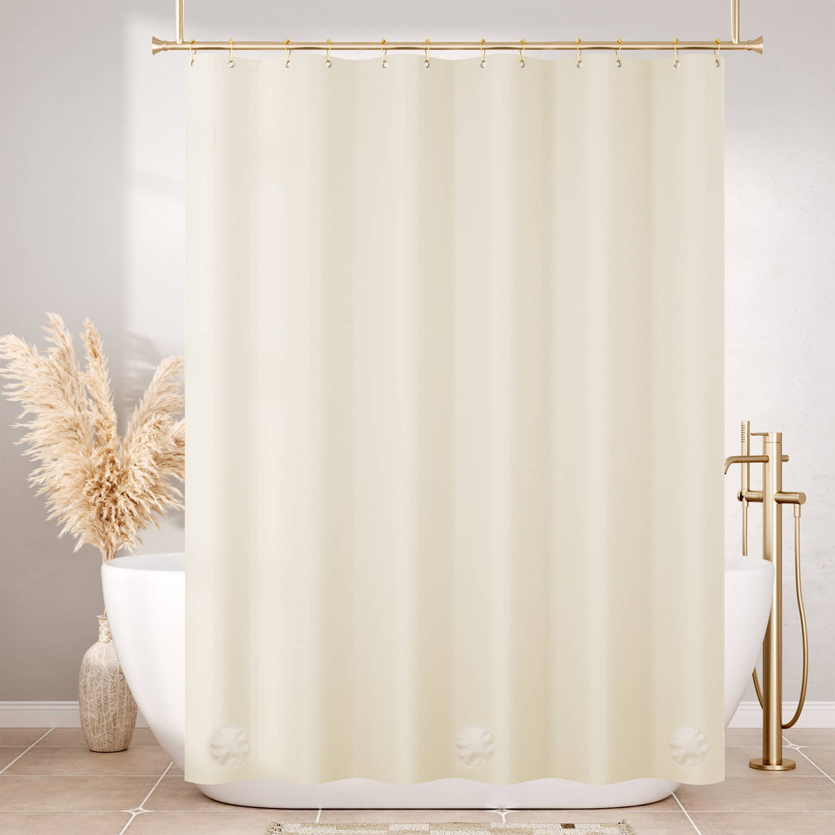 Beige shower curtain in a bathroom with a bathtub and decorative elements.