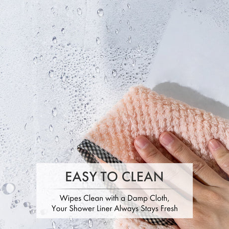 Person cleaning a shower liner with a damp cloth, text 'EASY TO CLEAN' displayed.