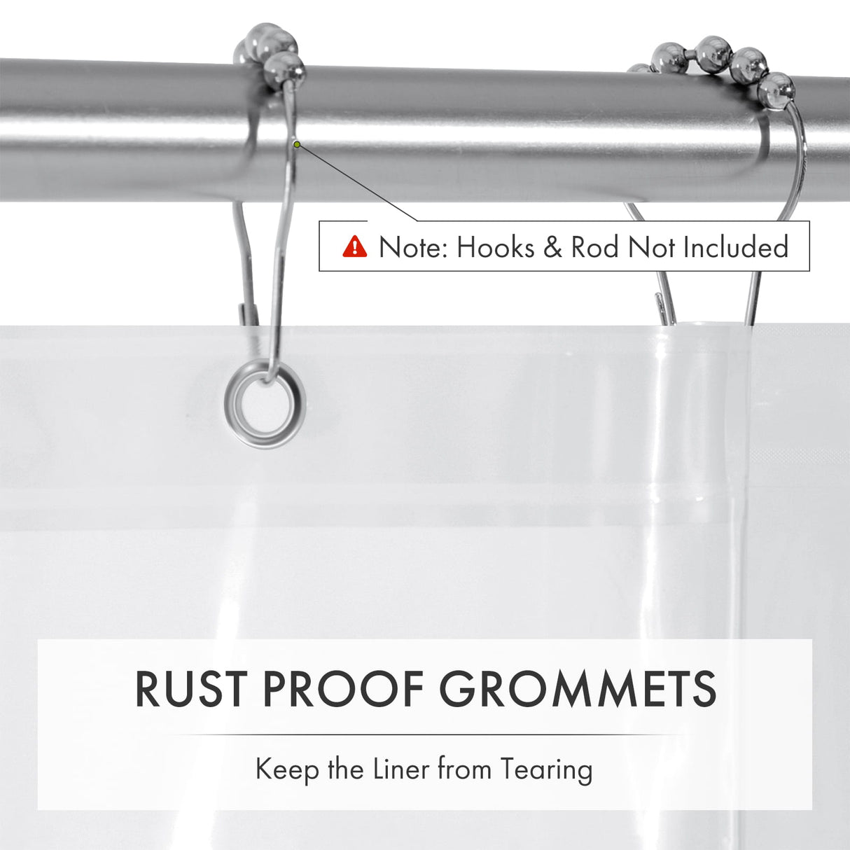 Clear shower curtain liner with rust proof grommets on a silver rod, with text indicating hooks and rod are not included.