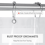Clear shower curtain liner with rust proof grommets on a silver rod, with text indicating hooks and rod are not included.