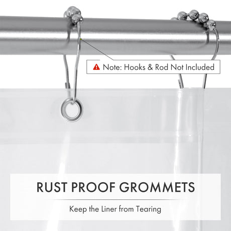 Clear shower curtain liner with rust proof grommets on a silver rod, with text indicating hooks and rod are not included.