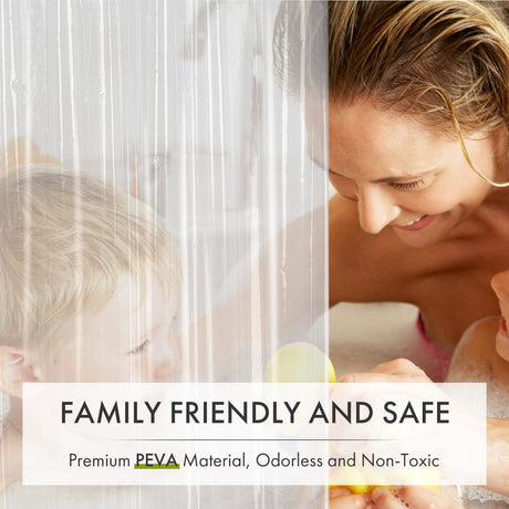 Woman and child behind a clear shower curtain with text about PEVA material