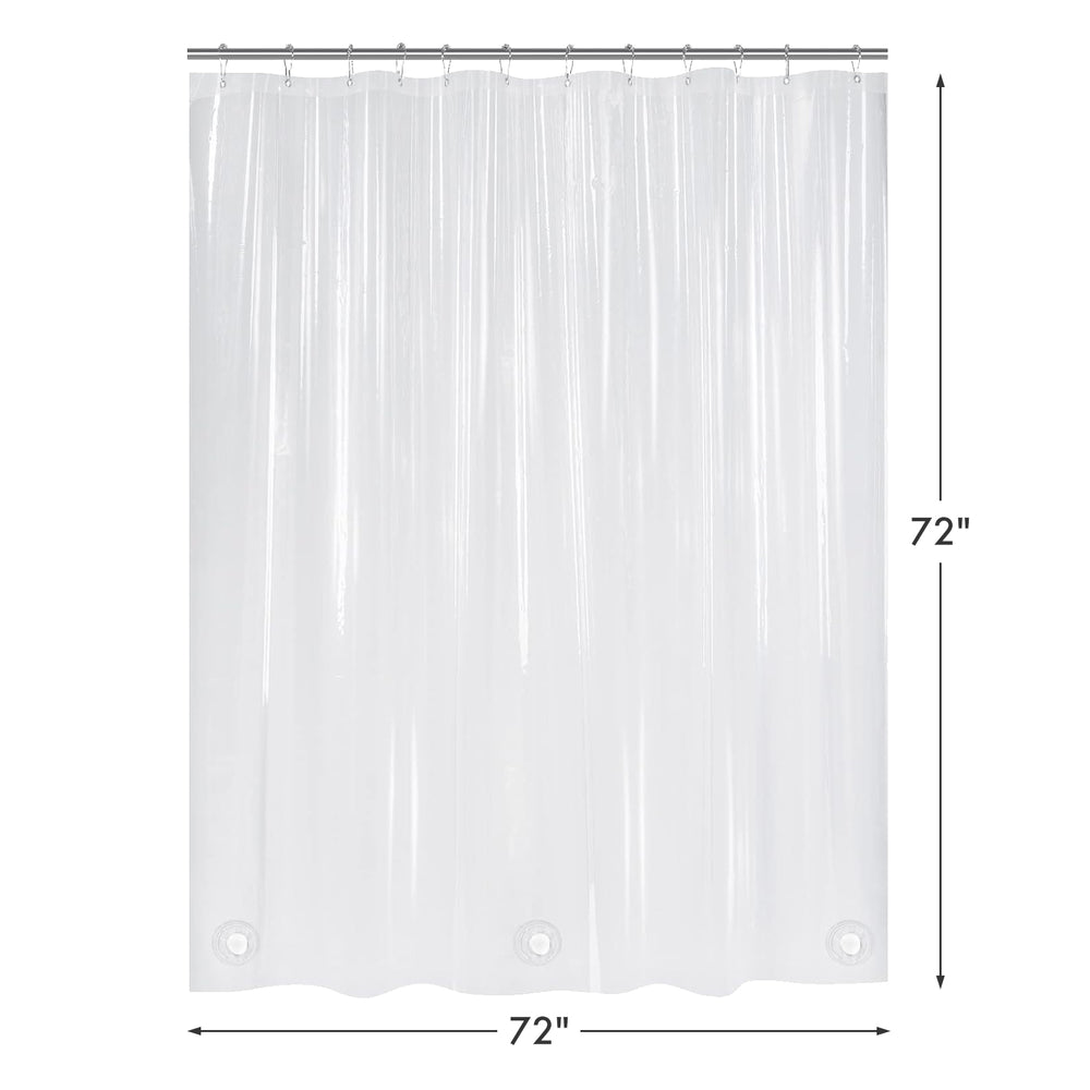 Clear shower curtain with dimensions on a white background