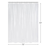 Clear shower curtain with dimensions on a white background