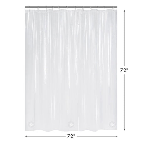 Clear shower curtain with dimensions on a white background