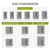Size comparison chart for shower stalls and bathtubs with silhouette illustrations.