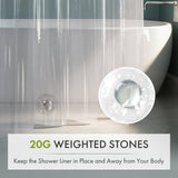 Clear shower liner with a weighted stone on a bathroom background