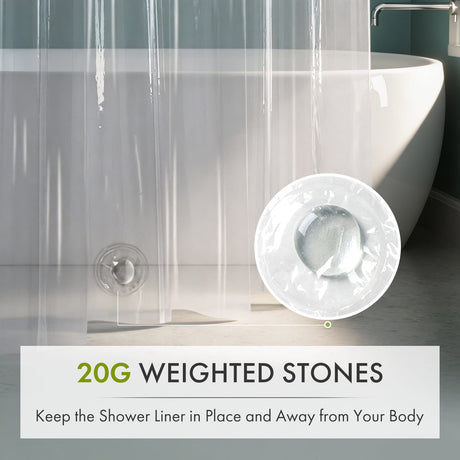 Clear shower liner with a weighted stone on a bathroom background