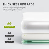 Comparison of shower liner thickness with labels for heavy, medium, and light weight on a white background.
