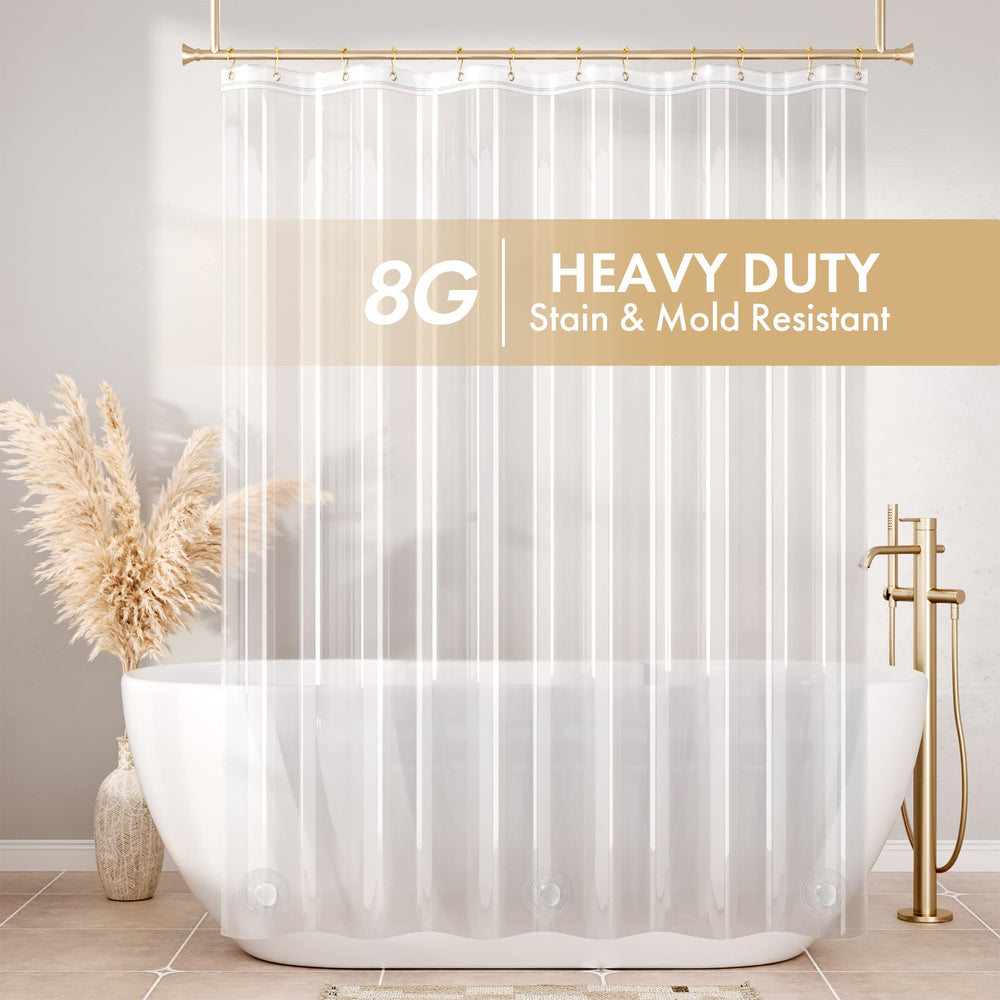 Heavy-duty shower curtain with '8G' and 'Heavy Duty Stain & Mold Resistant' text in a bathroom setting.
