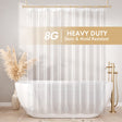 Heavy-duty shower curtain with '8G' and 'Heavy Duty Stain & Mold Resistant' text in a bathroom setting.