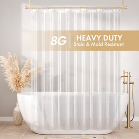 Heavy-duty shower curtain with '8G' and 'Heavy Duty Stain & Mold Resistant' text in a bathroom setting.