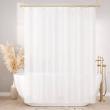 White shower curtain with a gold rod in a bathroom setting.