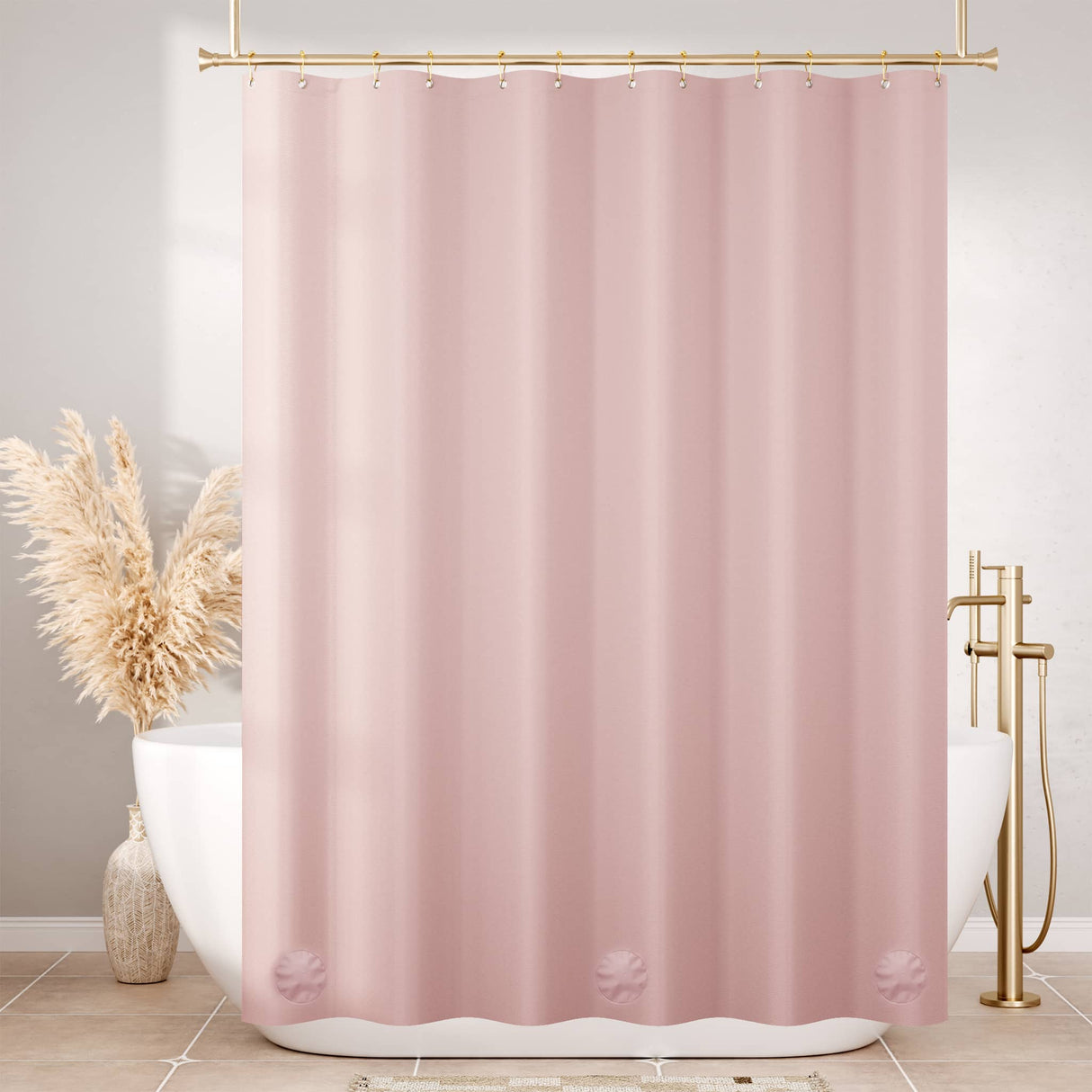 Pink shower curtain in a bathroom with a bathtub and decorative elements.