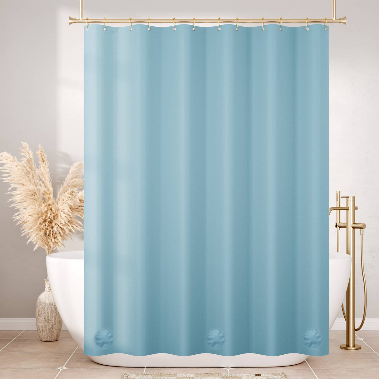 Blue shower curtain in a bathroom setting with a bathtub and decorative elements.