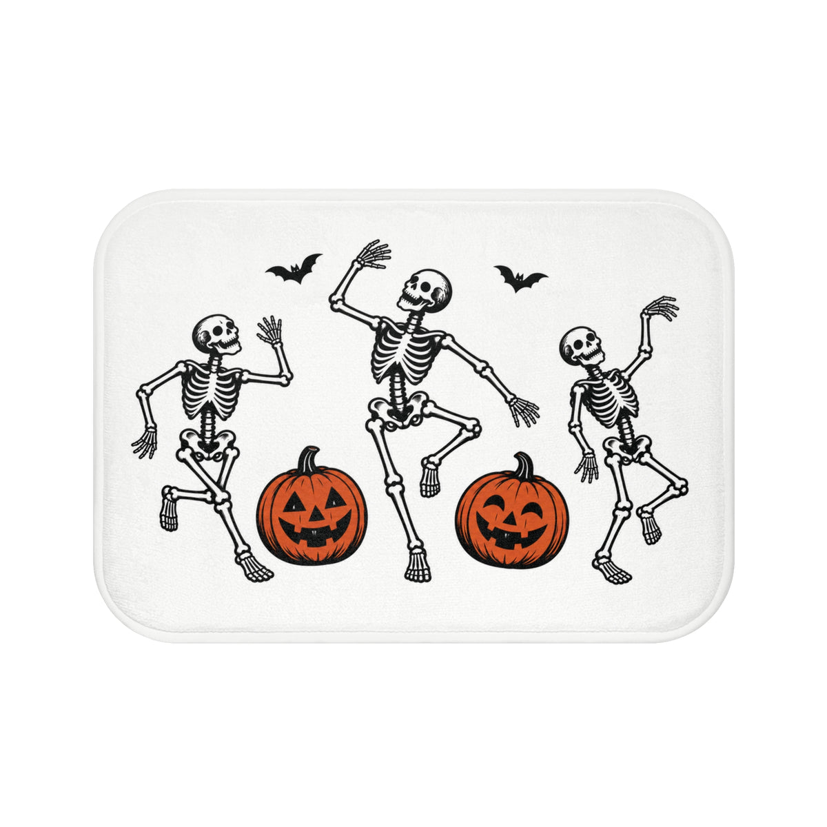 Linocut Skeleton Halloween Bath Mat – Dancing Bones & Pumpkins