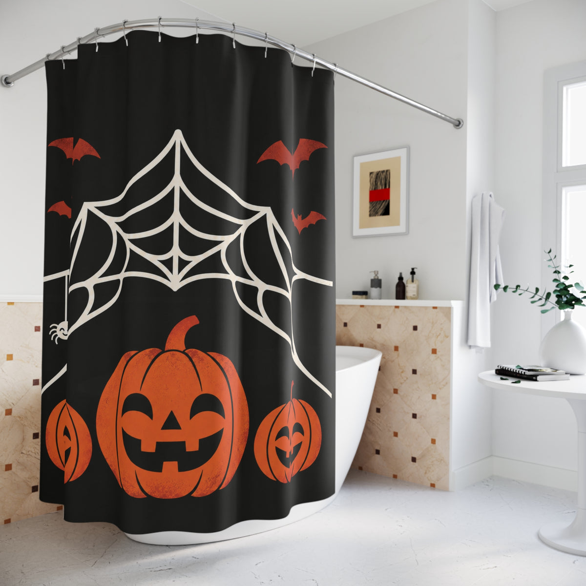 Spiderweb Pumpkin Halloween Shower Curtain