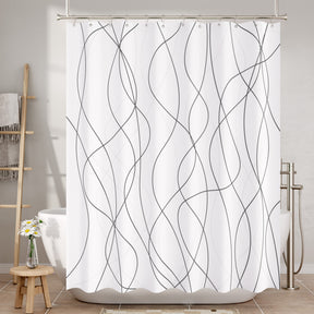 Shower curtain with wavy line pattern in a bathroom setting