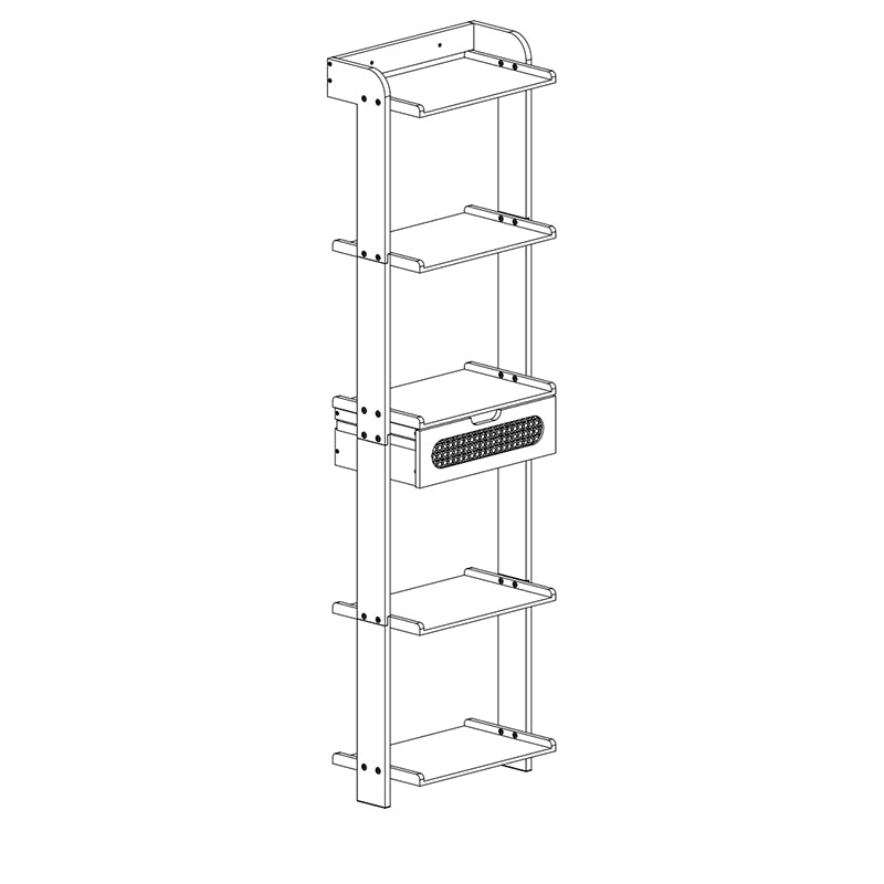 Line drawing of a tall narrow shelf with multiple shelves on a white background
