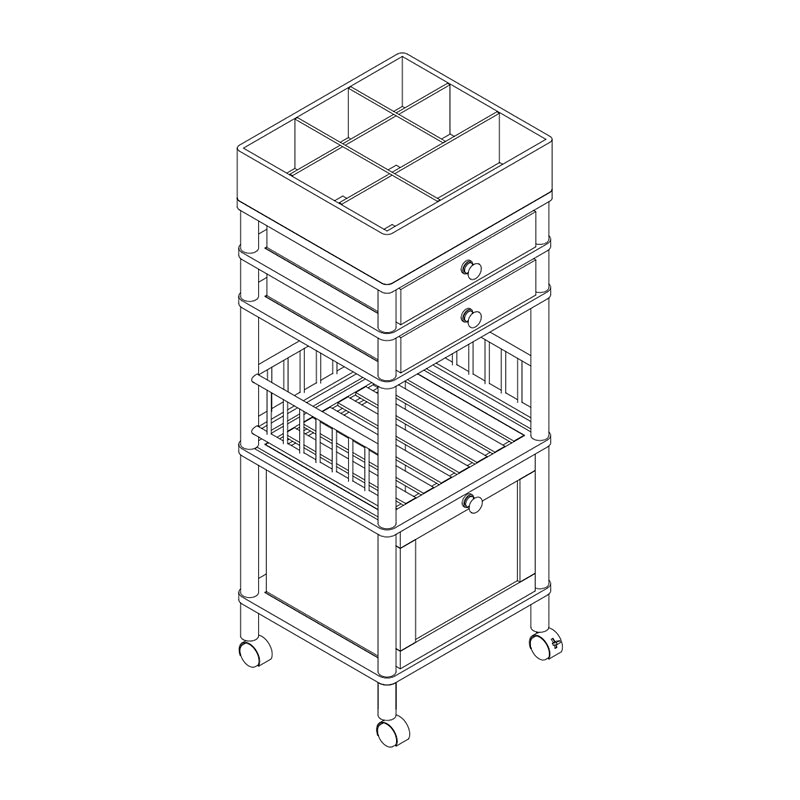 Line drawing of a four-tier rolling cart with drawers and baskets on wheels.