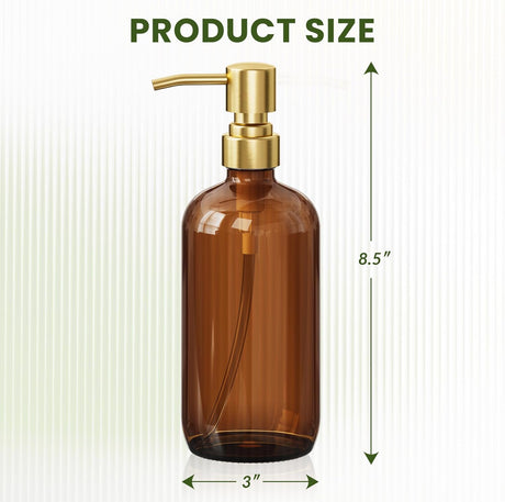 Brown glass bottle with gold pump and measurements on a white background