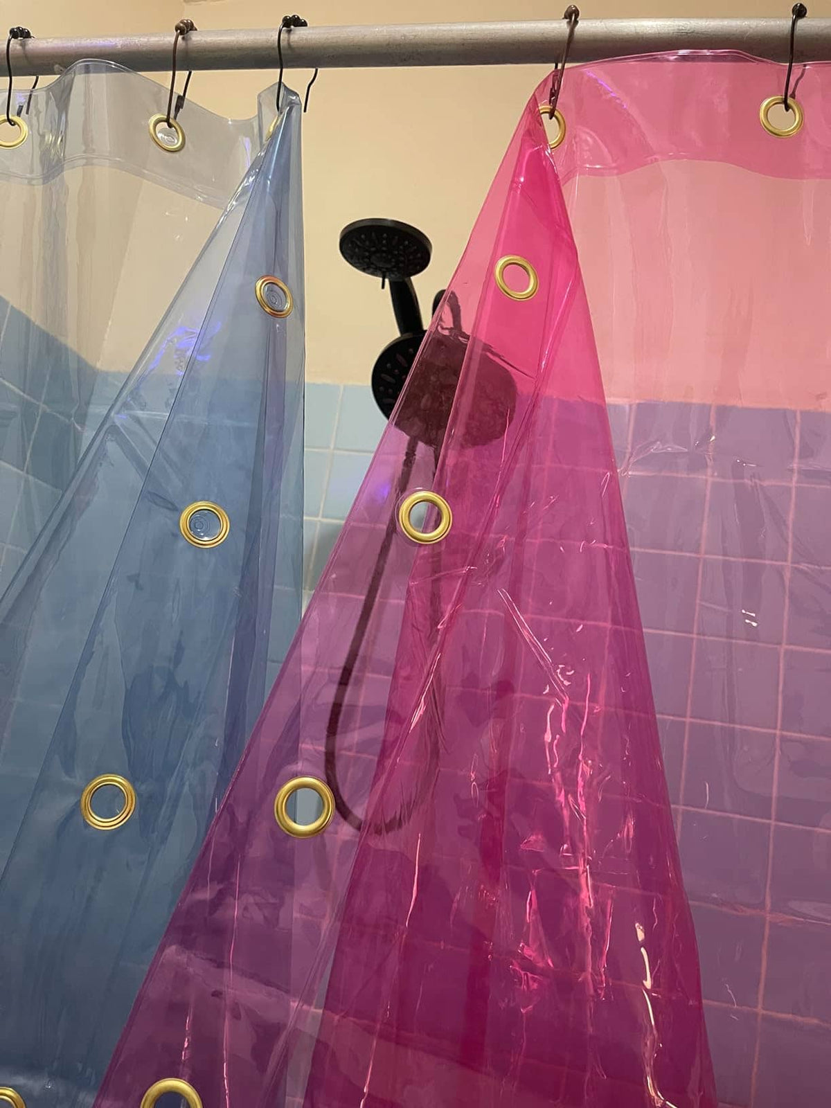 Colorful shower curtain in a bathroom