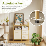 Wooden shelf with adjustable feet in a living room setting, highlighting stability feature.