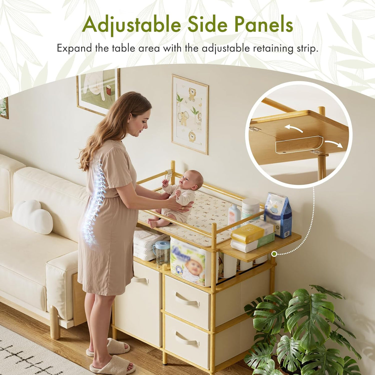 Woman with a baby in a multi-functional baby changing table with adjustable side panels.