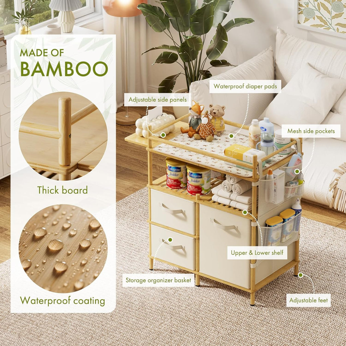 Baby changing table with bamboo features and product details on a living room background