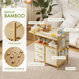 Baby changing table with bamboo features and product details on a living room background